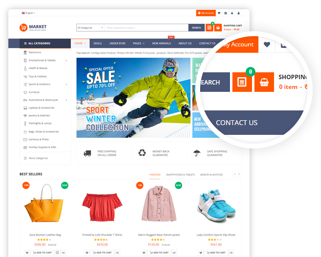 Market v9.5.0 – 具有移动特定布局的多商店响应式 Magento 主题（24 个主页）插图