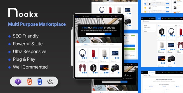 Nookx v1.4.4 多用途买卖 – 带有管理面板的数字市场引导 HTML 模板插图