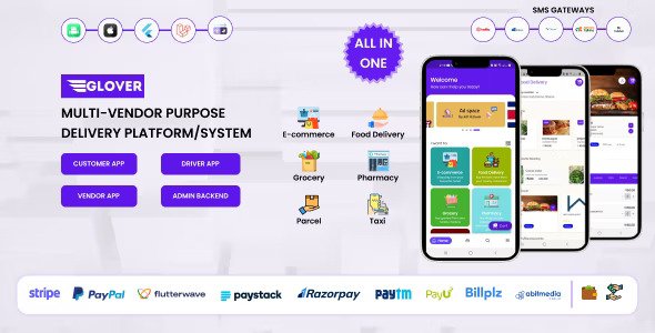 Glover v1.7.7.0 – 杂货、食品、药房快递和服务提供商 + 后端 + 司机和供应商应用程序