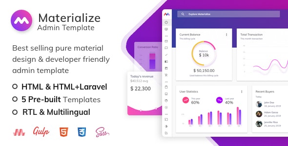 Materialize v13.9.0 – HTML 和 Laravel 材料设计管理模板