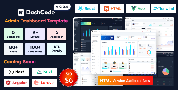 DashCode v2.0.6 – React, Vuejs, Tailwind 仪表板模板插图