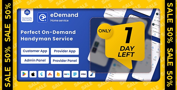 eDemand v4.0 – 多供应商按需便捷服务，带 Flutter 应用程序和管理面板的 Handyman插图