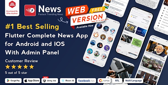 News v3.1.2 – 适用于 Android 和 iOS 的 Flutter 新闻应用程序，带有管理面板插图