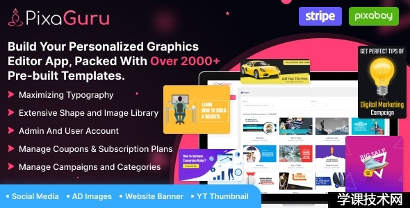 PixaGuru v1.10.1 – 创建图形、图像、社交媒体帖子、广告、横幅和故事的 SAAS 平台插图