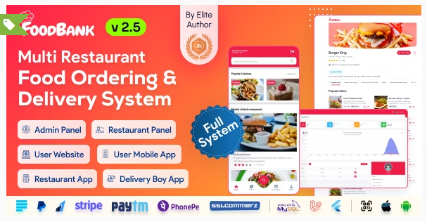 FoodBank Multi Restaurant v3.3 – 带有管理和餐厅面板的餐厅应用程序+APP