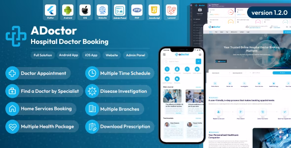 ADoctor v1.3.0 – 医院医生预约 Android 和 iOS 应用程序 |网站 |管理面板插图