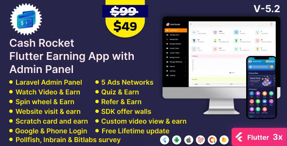 Cash Rocket v6.0 – Flutter Online Earning App with Admin Panel插图