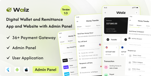 Waiz v2.0 – Digital Wallet and Remittance App and Website with Admin Panel
