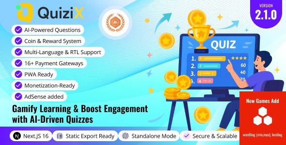 QuiziX v2.1.0 – AI Quiz & Trivia Game | Laravel + Next.js Gamified Quiz Platform